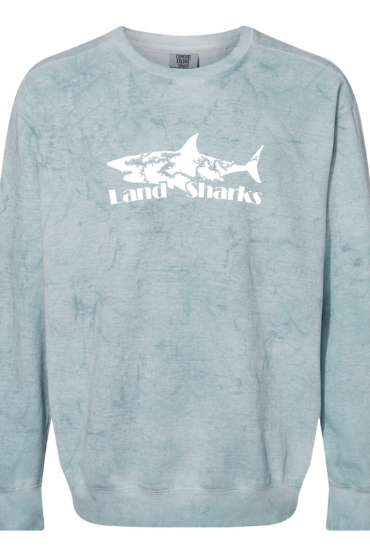 Land Sharks Logo (White) | Blue Colorblast Crewneck Sweatshirt