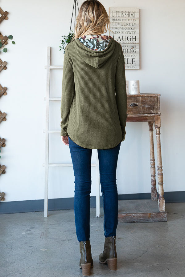 Ribbed Hooded Top | Olive