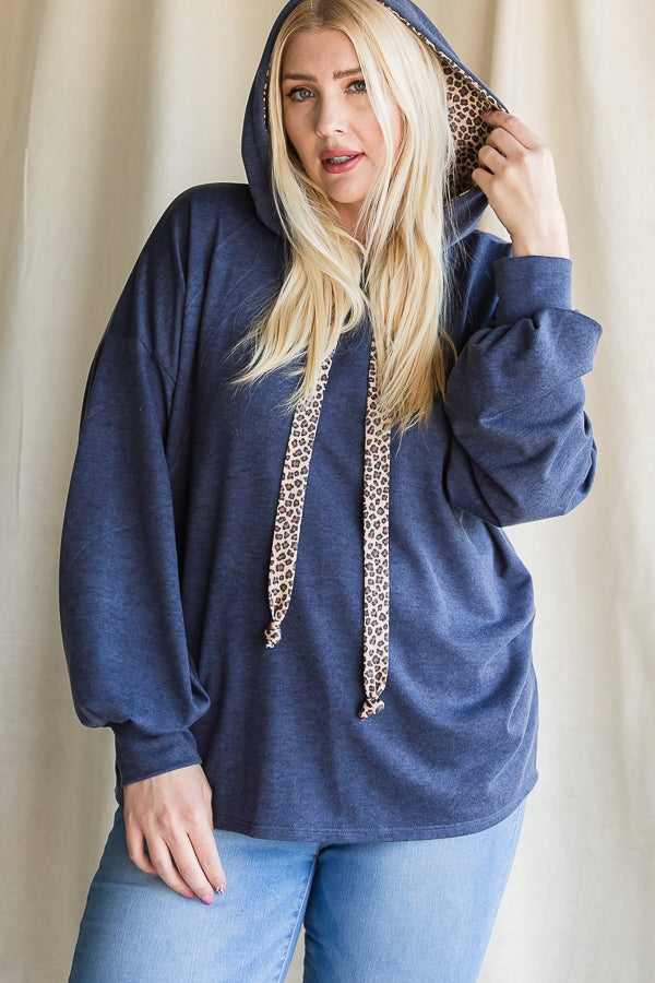 Plus Size Animal Print Accent Hooded Top