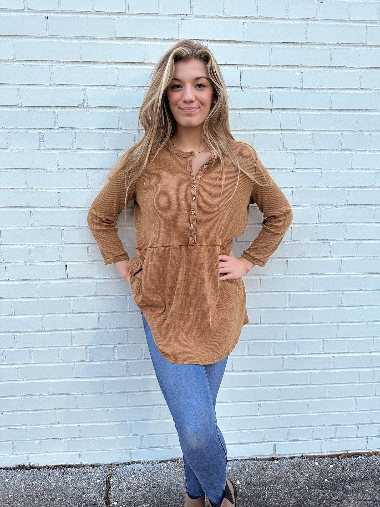 Mineral Washed Button Front Tunic Top