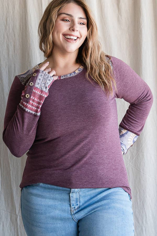 Plus Size Floral Back Accent Top | Vintage Burgundy