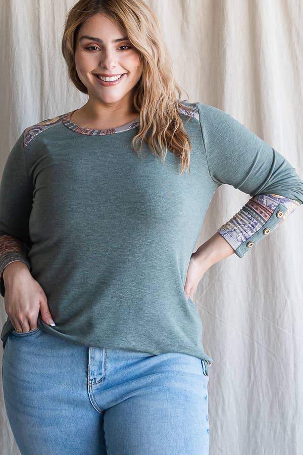 Plus Size Floral Back Accent Top | Vintage Olive